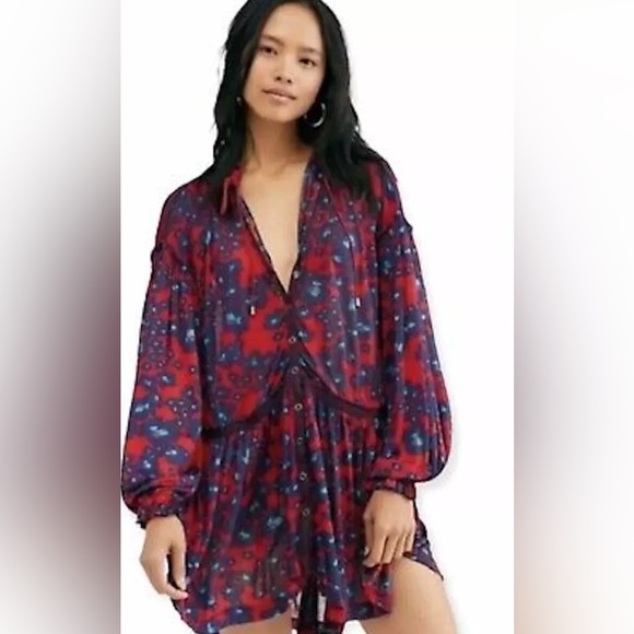 Free People Dresses & Skirts - NWT Free People | Love Letter Long Sleeve Snap Front High/Low Tunic Merlot Combo